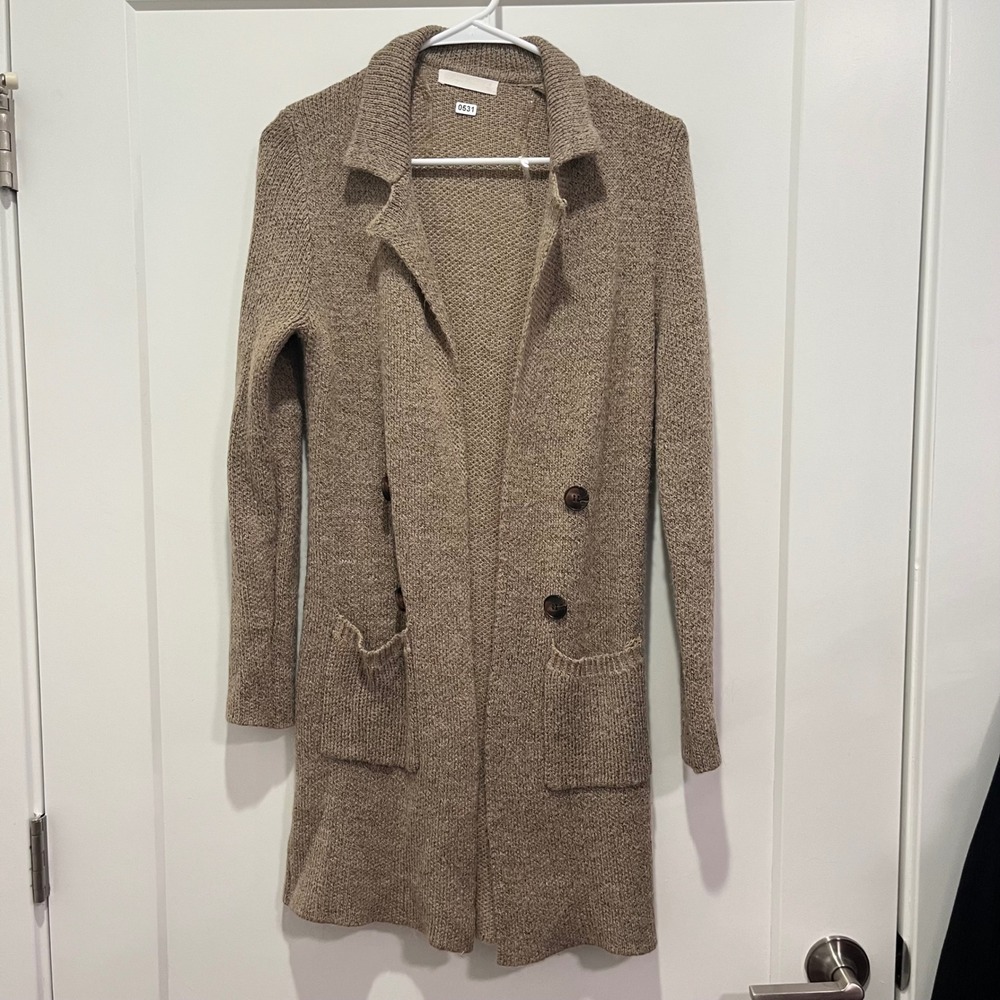 Sugar Rose Taupe Marl Longline Double Breasted Cardigan Sweater Duster Size M